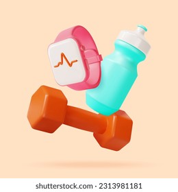 3d Workouts for Beginners Healthy Body Training Concept Background Cartoon Style. Vector illustration of Fitness Bracelet, Dumbbell and Water Bottle - Shutterstock ID 2313981181