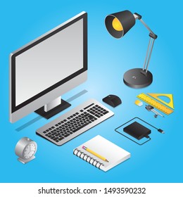 3D workplace view of computer with table lamp, note book, power bank and geometric elements on blue background.