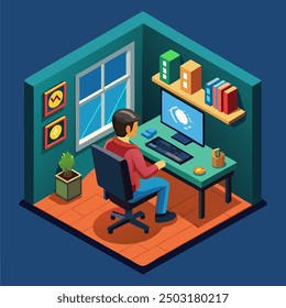 3d workplace with worker vector illustration