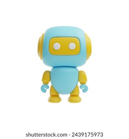 3D works in cartoon style, perfect for children's games, blue and yellow color. Vector illustration of a cute character with modern technology, highlighted in white.