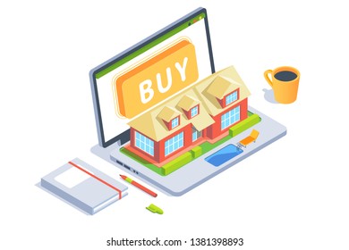 3d workspace with tool laptop with layout of house with swimming pool. Concept workplace designer, business service for retailing. Low poly. Vector illustration.