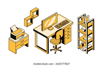 3d workspace, work desk with office equipment, workplace. Monitor, keyboard, printer, bookshelf rack. Digital technologies for work and study. Work area interior. Vector linear isometric illustration