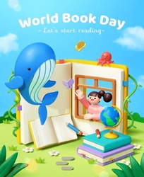 3D World Book Day Poster. Girl Waving Through A Book With Window At The Flying Whale On The Meadow.
