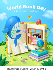 3D World Book Day poster. Girl waving through a book with window at the flying whale on the meadow.