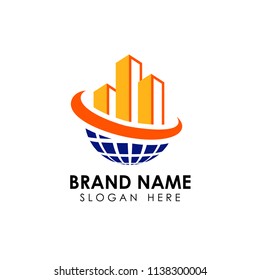 3d world building construction logo template. building and globe vector icon