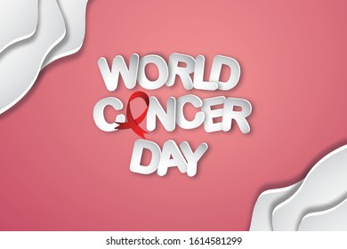 3D World cancer day text with red ribbon & gardient pink background.