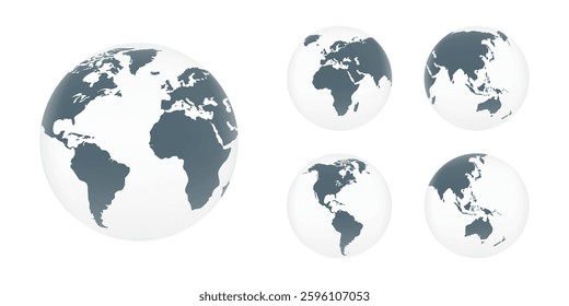 3D World globes set. Europe, Asia, America, Oceania globe maps. Vector illustration.