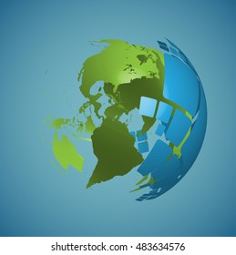 3D world map with abstract sphere particle, vector illustration