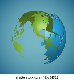3D world map with abstract sphere particle, vector illustration