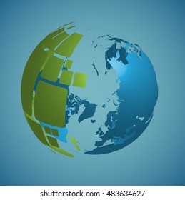 3D world map with abstract sphere particle, vector illustration