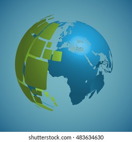 3D world map with abstract sphere particle, vector illustration