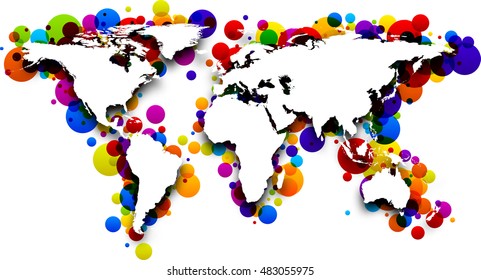 3d world map with color drops. Vector paper illustration.