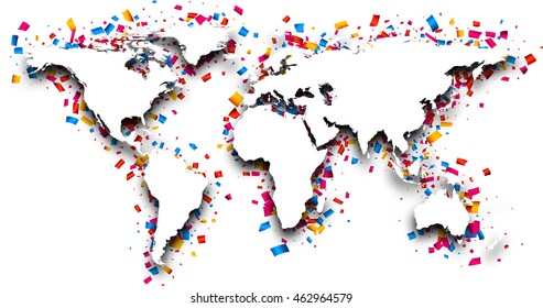 3d world map with colour confetti. Vector paper illustration. 