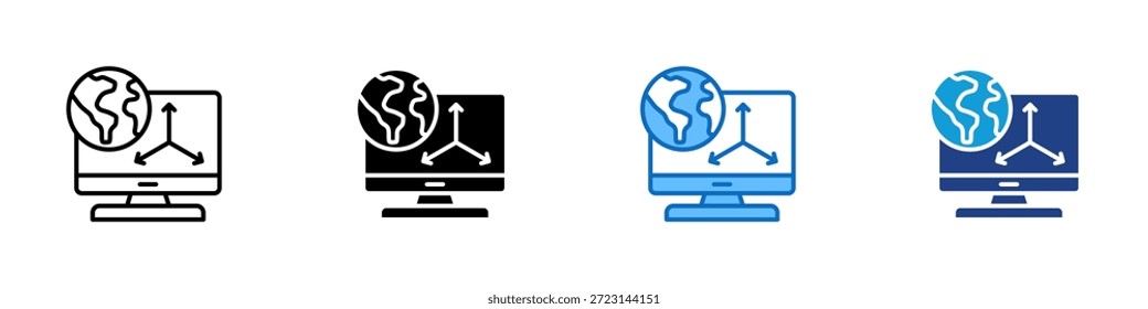 Vector de diseño de íconos de estilo múltiple del mundo 3D - Pantalla de computadora con globo terráqueo y ejes que representan la visualización del mundo 3D y el entorno espacial