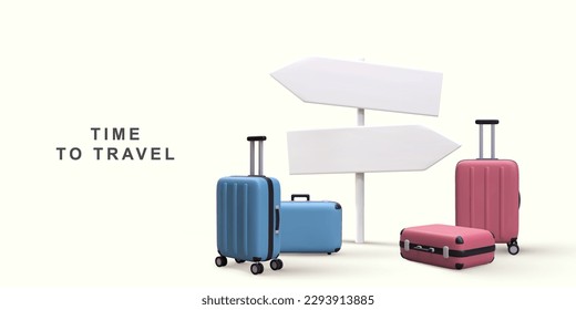 3d world travel concept with pointer and handbags. Vector illustration