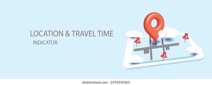 3D world travel Location Paper Map, Search Bar and Pin red Isolated. Blue background GPS Pointer Marker Icon. GPS and Navigation Symbol Vector Illustration 