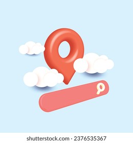 3D world travel Location Paper Map, Search Bar and Pin red Isolated. Blue background GPS Pointer Marker Icon. GPS and Navigation Symbol Vector Illustration 