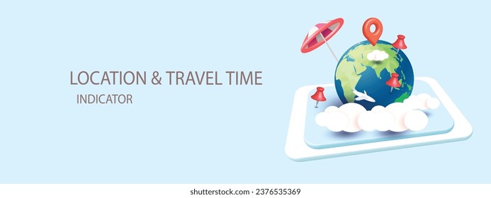3D world travel Location Paper Map, Search Bar and Pin red Isolated. Blue background GPS Pointer Marker Icon. GPS and Navigation Symbol Vector Illustration 