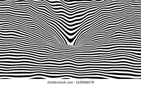 3D wormhole or tunnel. Hallucination. Optical illusion. Twisted illustration. Abstract futuristic background of stripes.