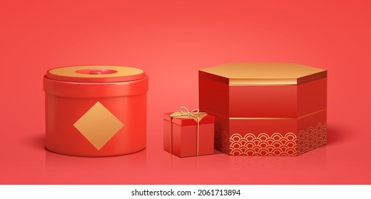 3d wrapped Chinese red gift boxes isolated on red background