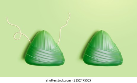 3d wrapped Chinese sticky rice dumpling viewed from above. Duanwu Festival elements isolated on green background.