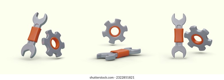 3D-Schraubenschlüssel und Getriebe in verschiedenen Positionen. Sammlung von isolierten realistischen Werkzeugen auf hellem Hintergrund. Reparatursymbol, Einstelleinrichtung. Symbole mit Schatten zur Anzeige von Reparaturarbeiten