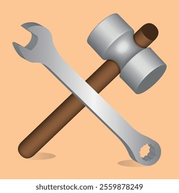3D Wrench and hammer. Tools icon isolated on peach color background
