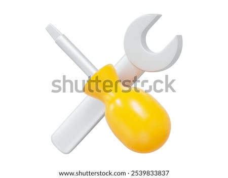  3d wrench and screwdriver icon. Yellow and gray colors. Cartoon style. Service, repair, icon concept. Stock vector illustration on isolated background.