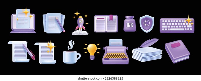 3D write author icon set, vector laptop article, creative story content sign, book paper document. Literature poetry concept, digital education translate grammar clipart, typewriter. Write icon kit