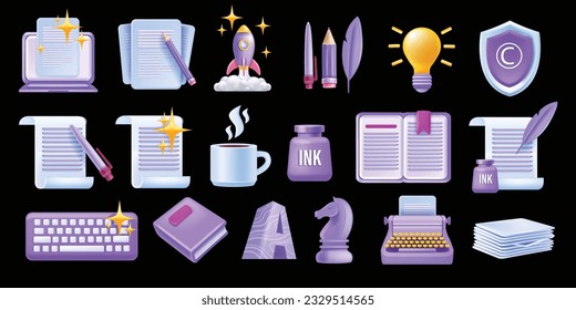 3D write author vector icon set, laptop article, creative story content sign, book paper document. Literature poetry concept, digital education translate grammar clipart, typewriter. Write icon kit