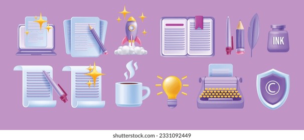 3D write author vector icon set, laptop article, creative story content sign, book paper document. Literature poetry concept, digital education translate grammar clipart, typewriter. Write icon kit