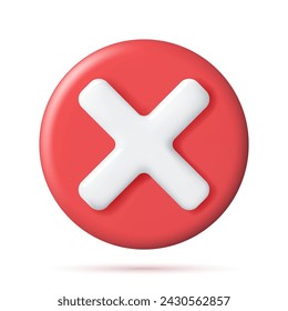 3D Wrong Button in Circle Shape. Red No or Incorrect Sign Render. Red Checkmark Tick Represents Rejection. Wrong Choice Concept. Cancel, Error, Stop, Disapprove or Negative Symbol. Vector Illustration