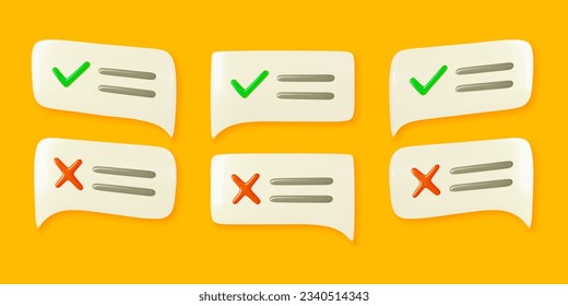 Juego de vectores de mensajes de burbuja de voz 3d errónea y correcta. Marque y cruce la señal para obtener una respuesta afirmativa o no en la pregunta del cuestionario de Internet. Aceptar o rechazar la decisión de voto. Fondo amarillo