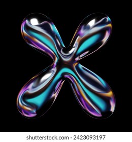 3D X letter in Y2K style font with balloon bubble shape, liquid metal and smooth, glossy, holographic rainbow surface. Isolated vector letter from English alphabet for retro futuristic 2000s design