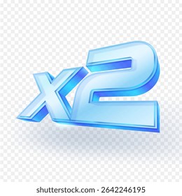 3D "X2" glass symbol icon, signifying a double multiplier, bonus, or increased value. Ideal for games, promotions, or special offers. Isolated on transparent background. Vector illustration.