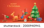 3d Xmas banner of cute Christmas elves putting gifts on Santa
