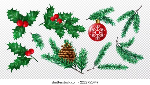 3d xmas branch set, tree with cones and christmas toys, holly berry. Pine leaf and red ball, fir or spruce, winter holiday, realistic plants for decor. Vector graphic exact illustration
