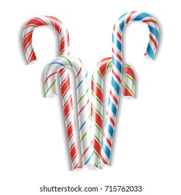 3D Xmas Candy Cane Set Vector. Isolated On White. For Christmas Card And New Year Design. Realistic Illustration

