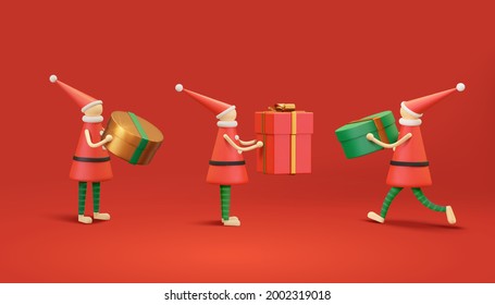 3d Xmas character design. Faceless Christmas elves with cute hats and leggings holding huge gift boxes.