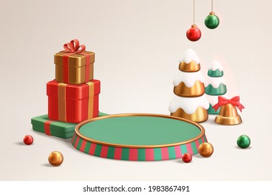 3d Xmas podium display. Green stage with red stripe and gift boxes, Christmas trees, and other ornaments around. Suitable for Christmas sale and festive product display