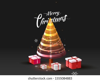 3D Xmas tree with decorative lights, snowflake and gift boxes on black background for Merry Christmas celebration.