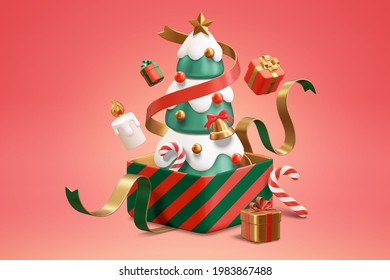 3d Xmas tree in an unboxed gift. Illustration of Christmas tree in an opened box with ribbons, floating candle, and more unwrapped presents showing up