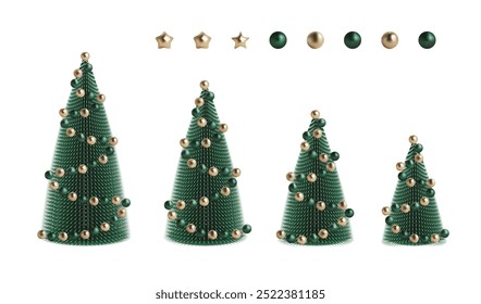 3d xmas winter cone tree with gold elements. Ornament vector render for holiday podium decor. Realistic abstract scene Happy new year golden scene modern pine trend for luxury geometric studio stage