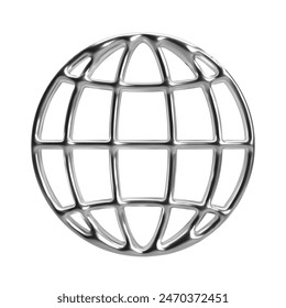 3d y2k abstract chrome globe. Isolated vector element with shiny metallic glossy silver surface representing Earth, sphere, world. Ideal for retrofuturistic, sci-fi, global, futuristic themes