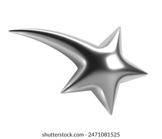 3d y2k abstract chrome shooting star shape with shiny metallic silver surface. Isolated vector element for retrofuturistic, cosmic, celestial, sci-fi themes, adding bling, sparkle, flash to designs