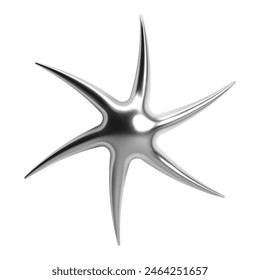 3D Y2K chrome abstract shape of a star with six elongated spikes and a shiny metallic glossy silver surface. Isolated render vector element for retro futuristic design in cyber space galaxy aesthetic