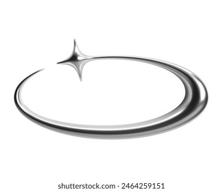 3D Y2K chrome abstract shape of a star with a crescent tail or comet, shiny metallic glossy silver surface. Isolated render vector element for retro futuristic design in cyber space galaxy aesthetic