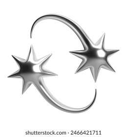 3D Y2K chrome abstract shape two stars and curved tails, comets or meteors, shiny metallic glossy silver surface. Isolated vector element for retro futuristic design, cyber space, and galaxy aesthetic