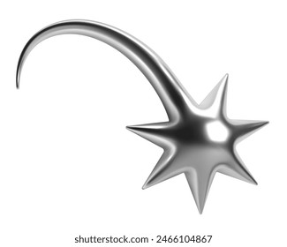 3D Y2K chrome falling star with a curved tail, comet or meteor with a shiny metallic glossy silver surface. Isolated vector element for retro futuristic design, cyber space, galaxy aesthetic