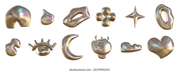 3d y2k chrome glossy silver element set. Abstract shape chrome metal render. Y2K form star, heart, flower. Vector illustration 3d render.